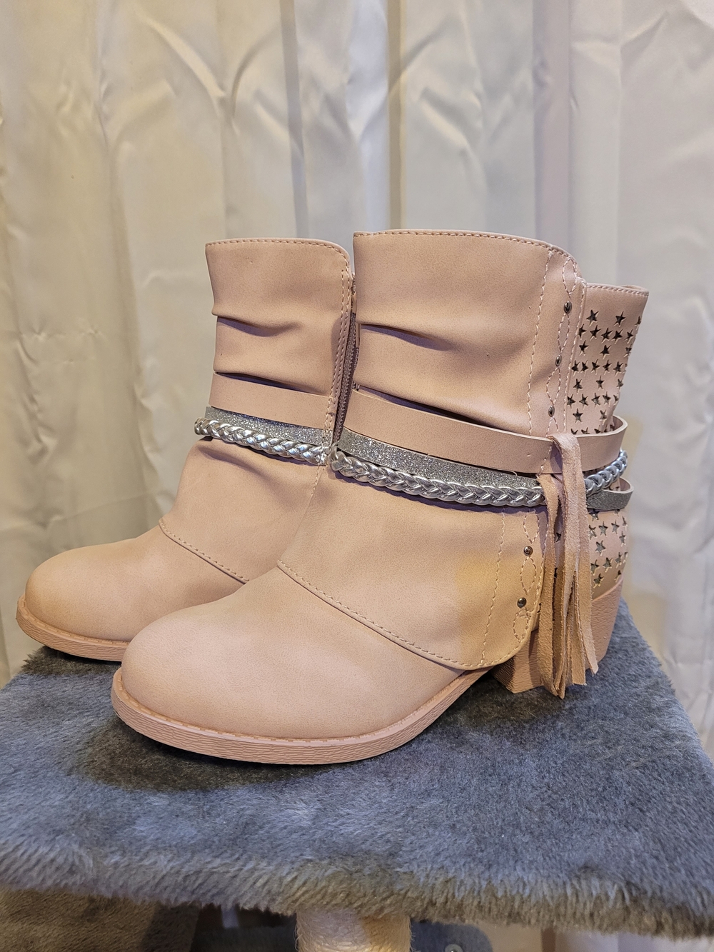 Amazon Pink Girls' Ankle Boots with Silver Braided Strap and Tassel